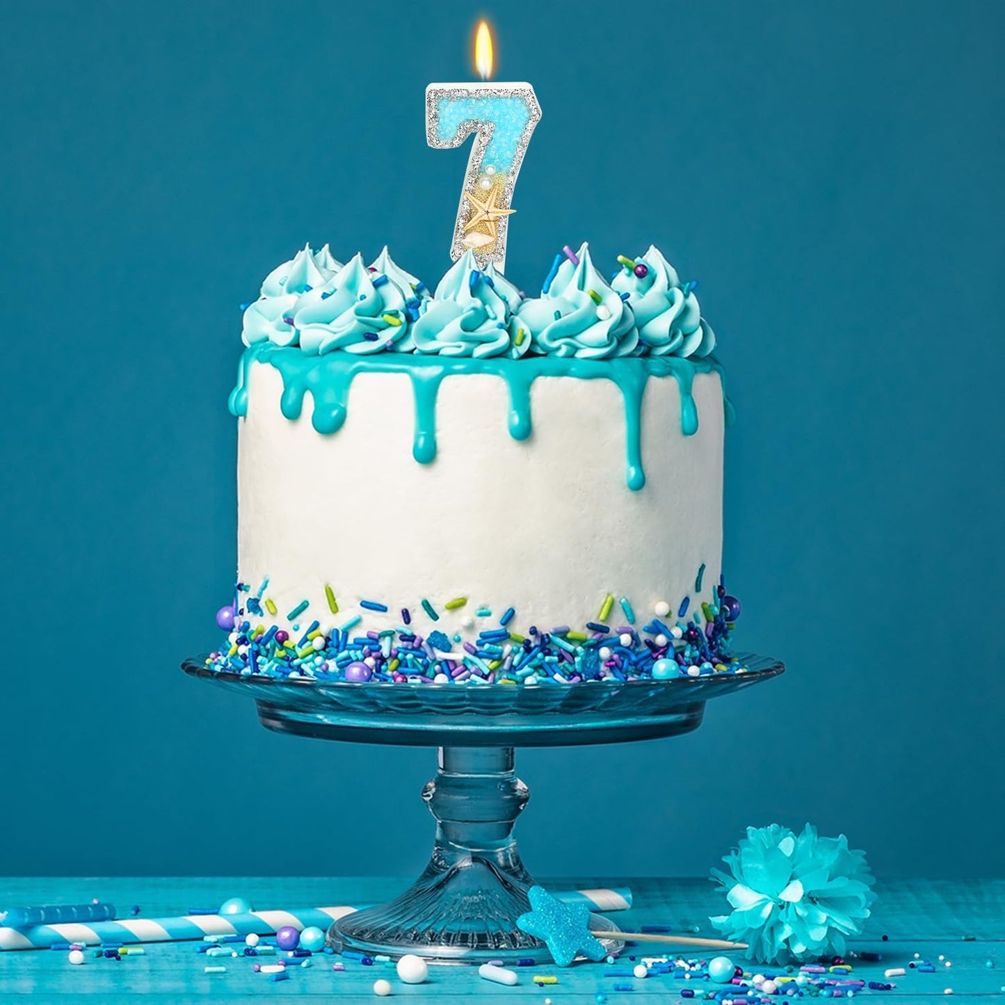 7th Birthday Candle for Cake, Beach Starfish Sequins Candles, 2.76 inch Cake Topper Decoration for Birthday Party (Number 7)