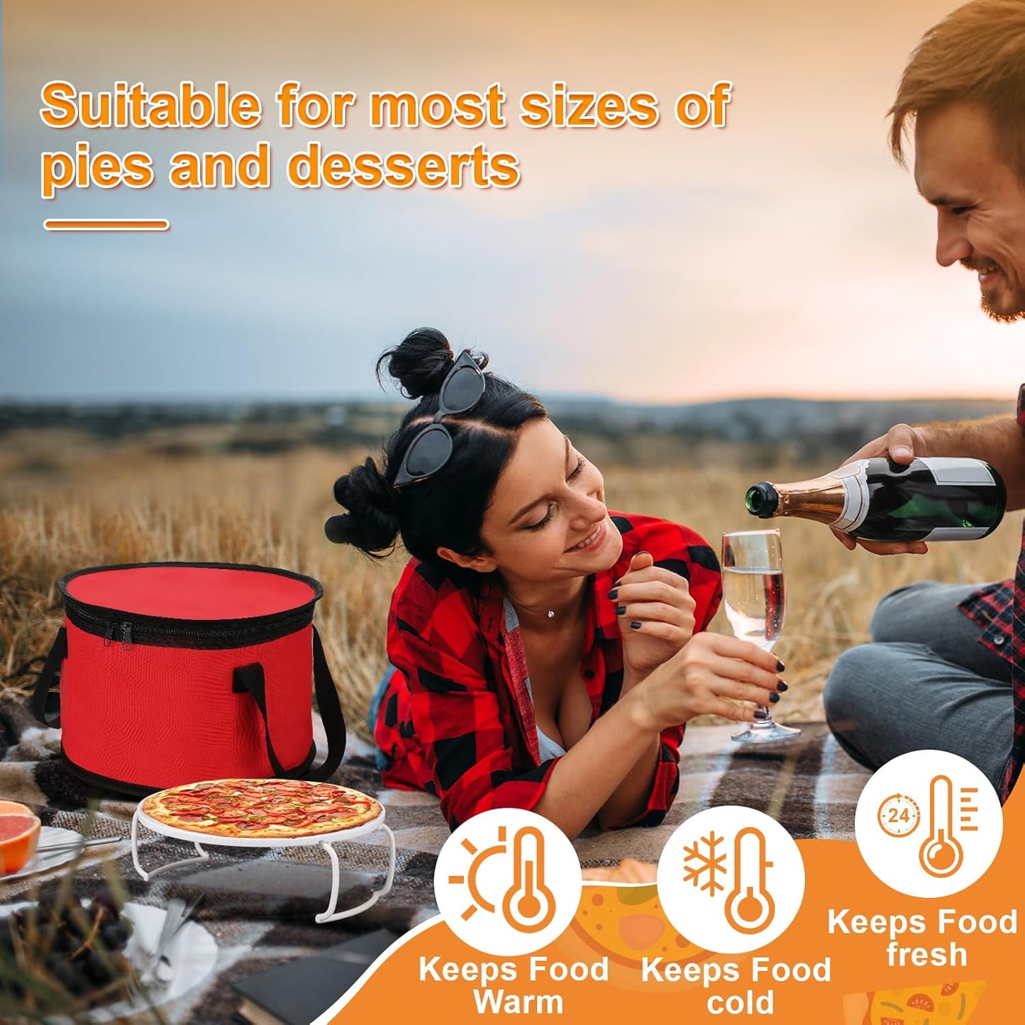 Yaomiao 2 Sets Round Pie Carrier 11 x 7 Inch with Dish Tray Plate Stacker Insulated Casserole Carrier with Lid and Handle Reusable Cooler Thermal Bags for Cold Food for Potluck Picnic (Red)