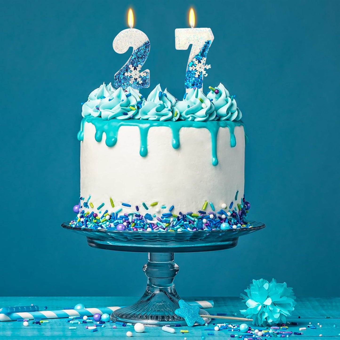Snow Themed Birthday Candles, Birthday Candle for Party Supplies, Winter Birthday Party Supplies, 2.76 inch Number 27 Candle Cake Topper Decoration (Number 27)