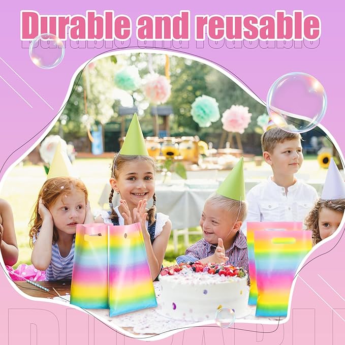 Epakh 100 Pcs Pastel Rainbow Gift Bags Bulk Plastic Summer Party favor Bags with Handles Colorful Candy Treat Goody Packing for Birthday Baby Shower Party Supplies