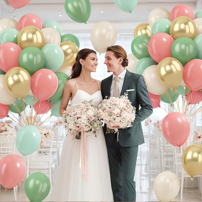 Zesliwy Sage Green Pink Gold Balloons,50Pcs 12Inch Dusty Mint Green Sand White Metallic Gold Balloon Retro Light Blush Pink Balloon for Birthday Jungle Safari Bridal Shower Wedding Party Decoration