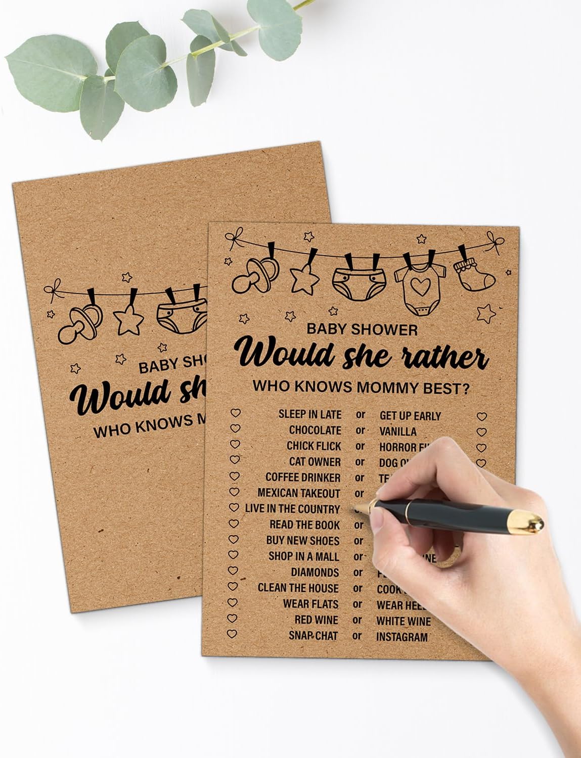 Baby Shower Games for Girl or Boy, Would She Rather Baby Shower Game, 20 Rustic Game Cards for Guests, Who Knows Mommy Best