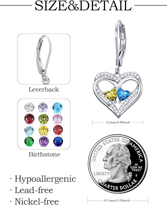 Valentines Day Gifts for Women, Heart Leverback Earrings Double Birthstone Dangle Earrings for Women, Love Jewelry for Her, Anniversary Birthday Gift for Mom Wife Girlfriend