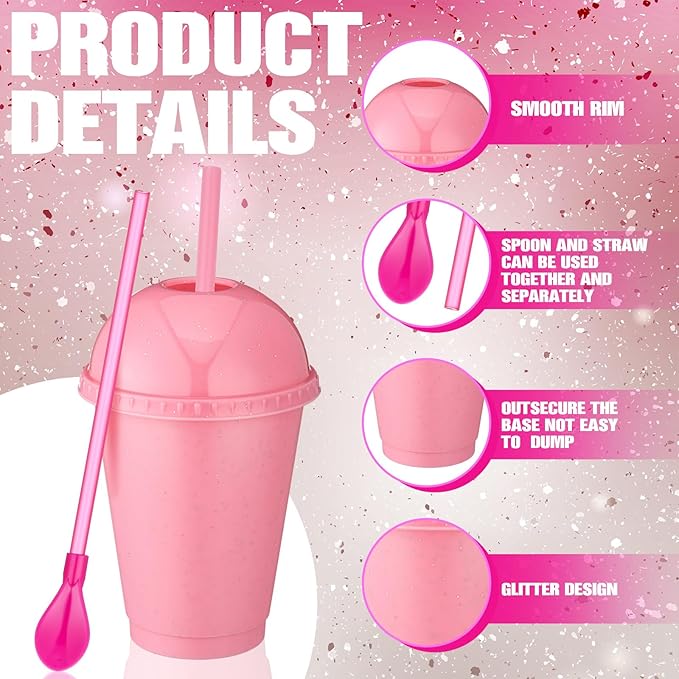 6 Set Slushie Cups with Dome Lids and Straws Detachable Spoon Straws Reusable Plastic Iced Coffee Cups Smoothie Tumbler for Birthdays Summer Party Supplies(Pastel Pink,16 oz)