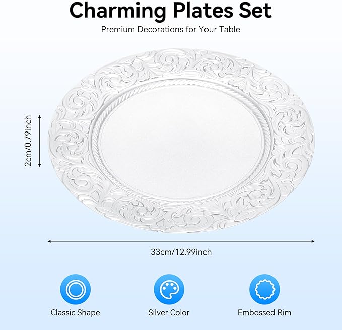 100 Pcs Silver Charger Plates Bulk, 13 In Round Charger Plates, Reusable Serving Silver Plate Chargers with Plastic Embossed Patterns for Wedding Dinner Party Event Decor