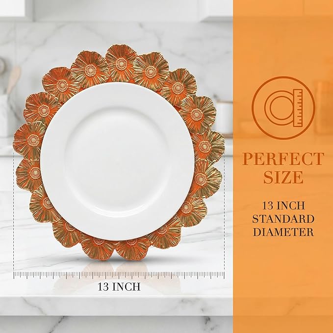Orange Charger Plates with Flower Rim, 13" Round Charger for Dinner Plates, Set of 6 Plastic Plate Chargers for Halloween, Thanksgivng, Christmas.