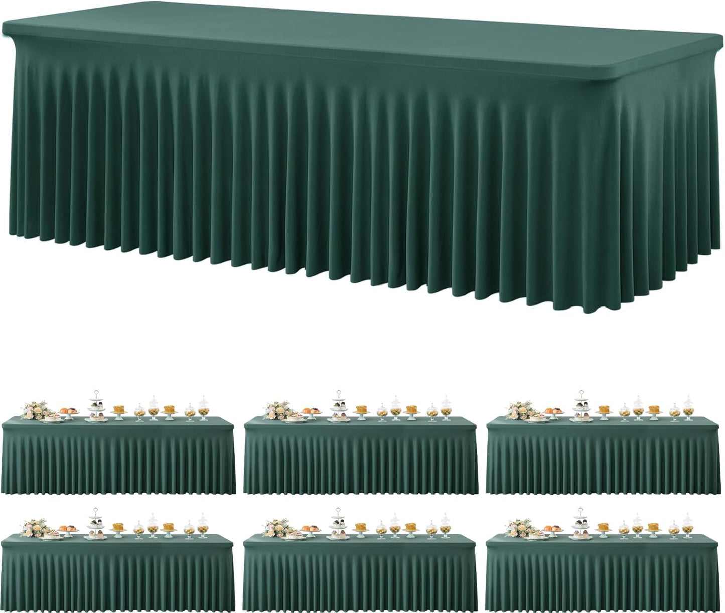 6 Pack Hunter Green Spandex Tablecloth for 8 Foot Rectangle Tables, Wrinkle Free Fitted Table Cloth Cover 8FT Green Stretchy Tablecloths with Skirt for Parties Weddings Birthday Banquet Baby Shower