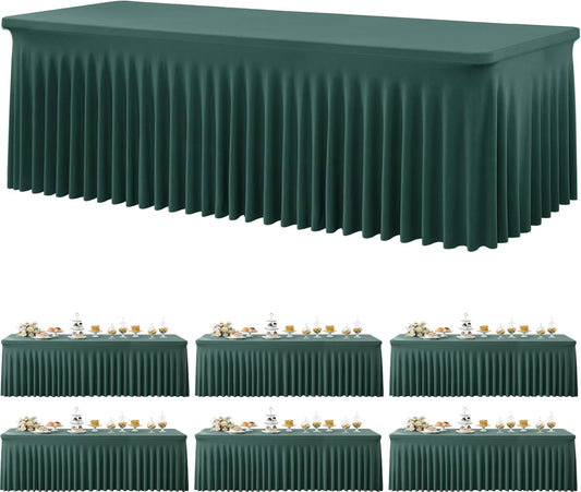 6 Pack Hunter Green Spandex Tablecloth for 8 Foot Rectangle Tables, Wrinkle Free Fitted Table Cloth Cover 8FT Green Stretchy Tablecloths with Skirt for Parties Weddings Birthday Banquet Baby Shower
