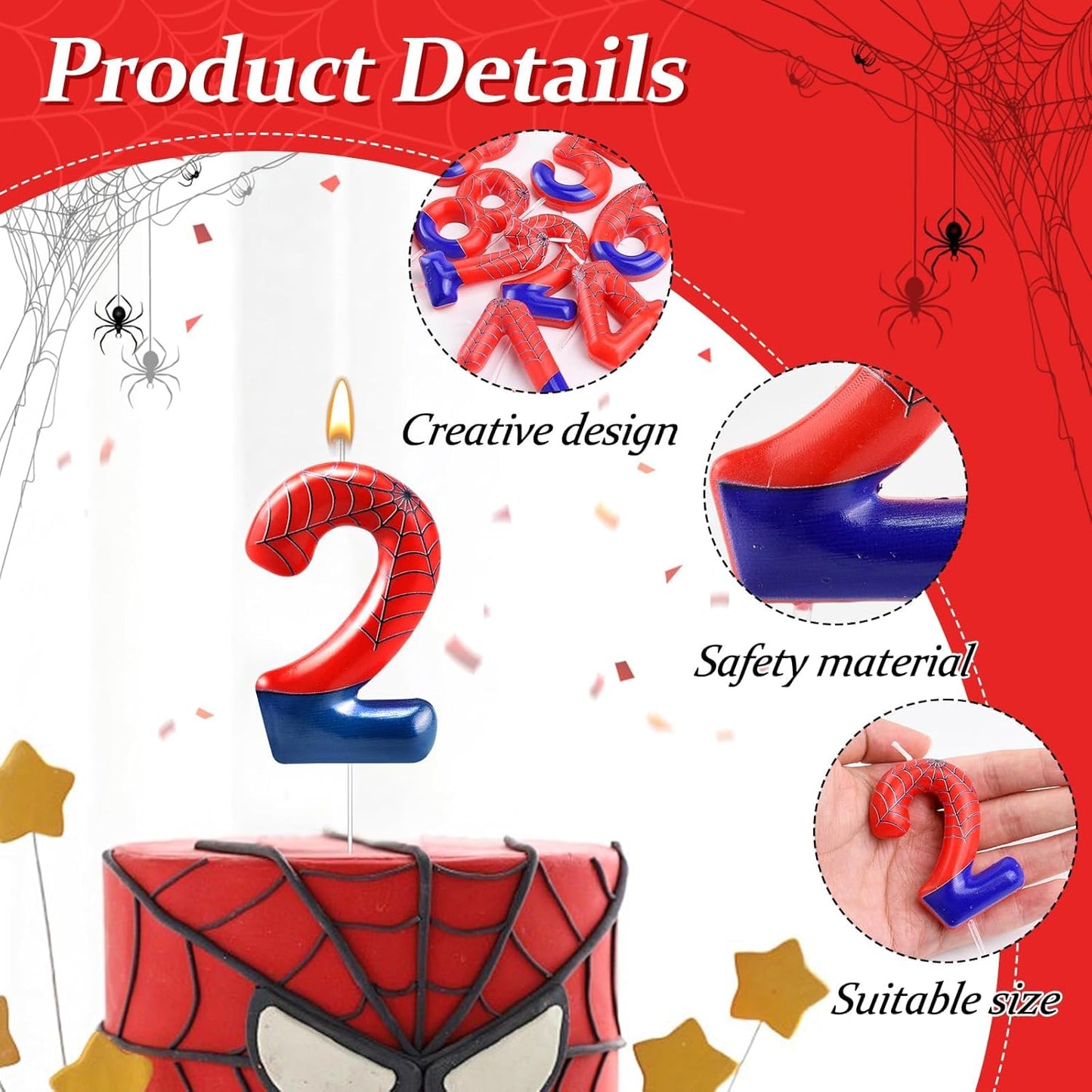 Spider Themed Birthday Candle Number 2 Candle Birthday Cake Candles Party Decoration Cake Topper for Spider Party Decoration Theme Party Supplies (Number 2)
