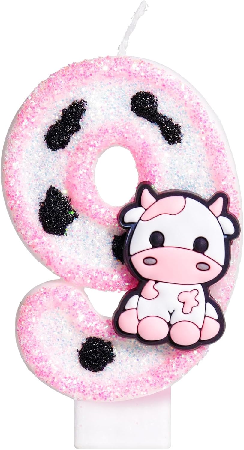 Pink Cow Glitter Birthday Candles Number 9 Birthday Decorations, 9 Year Old Birthday Decorations, Number 9 Candle for Cake, Cowgirl Theme Number Candle for Girls 9th Birthday Party Décor