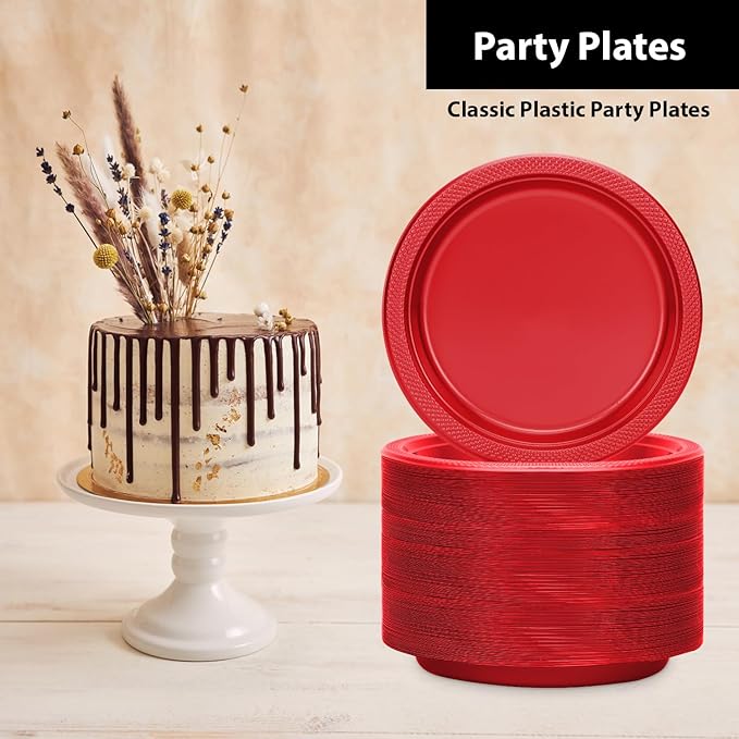 Hanna K. Signature Collection Red Plastic Plates 7 Inch - 600 count Solid Round Party For Weddings, BBQs, Birthday Disposable Dessert (84070 (case))