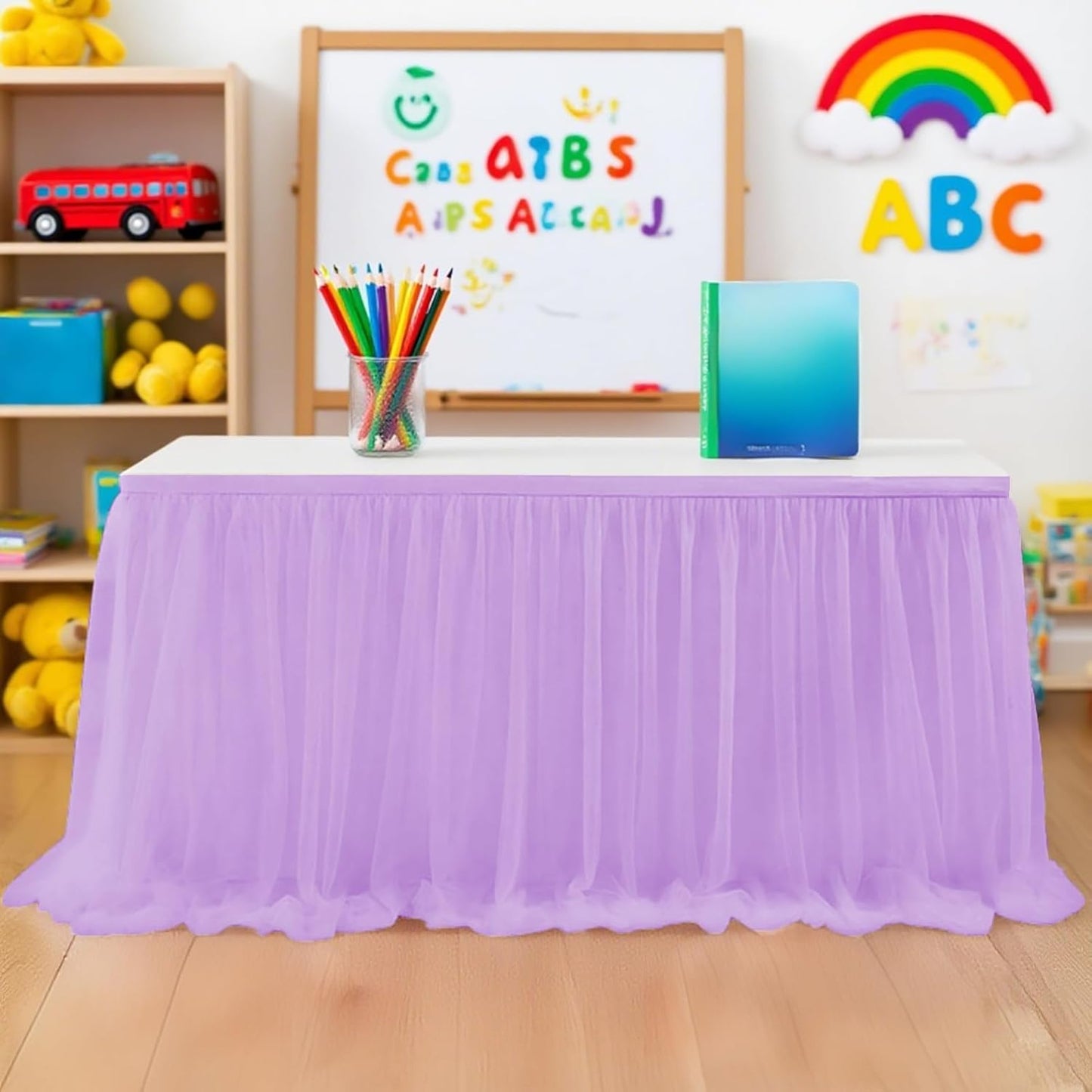 9FT Tulle Table Skirt for Teacher Desk Rectangular Ruffle Table Back to School Supplies for Kindergarten Preschool Middle School Classroom Decor, Purple