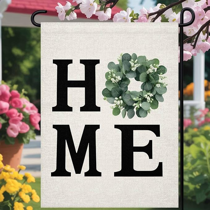 Garden Flag Home Green Eucalyptus Leaves Garland,Welcome House Flags for Outdoor Yard Porch, Retro Linen Double Sided Holiday Banner for Party Home Decor