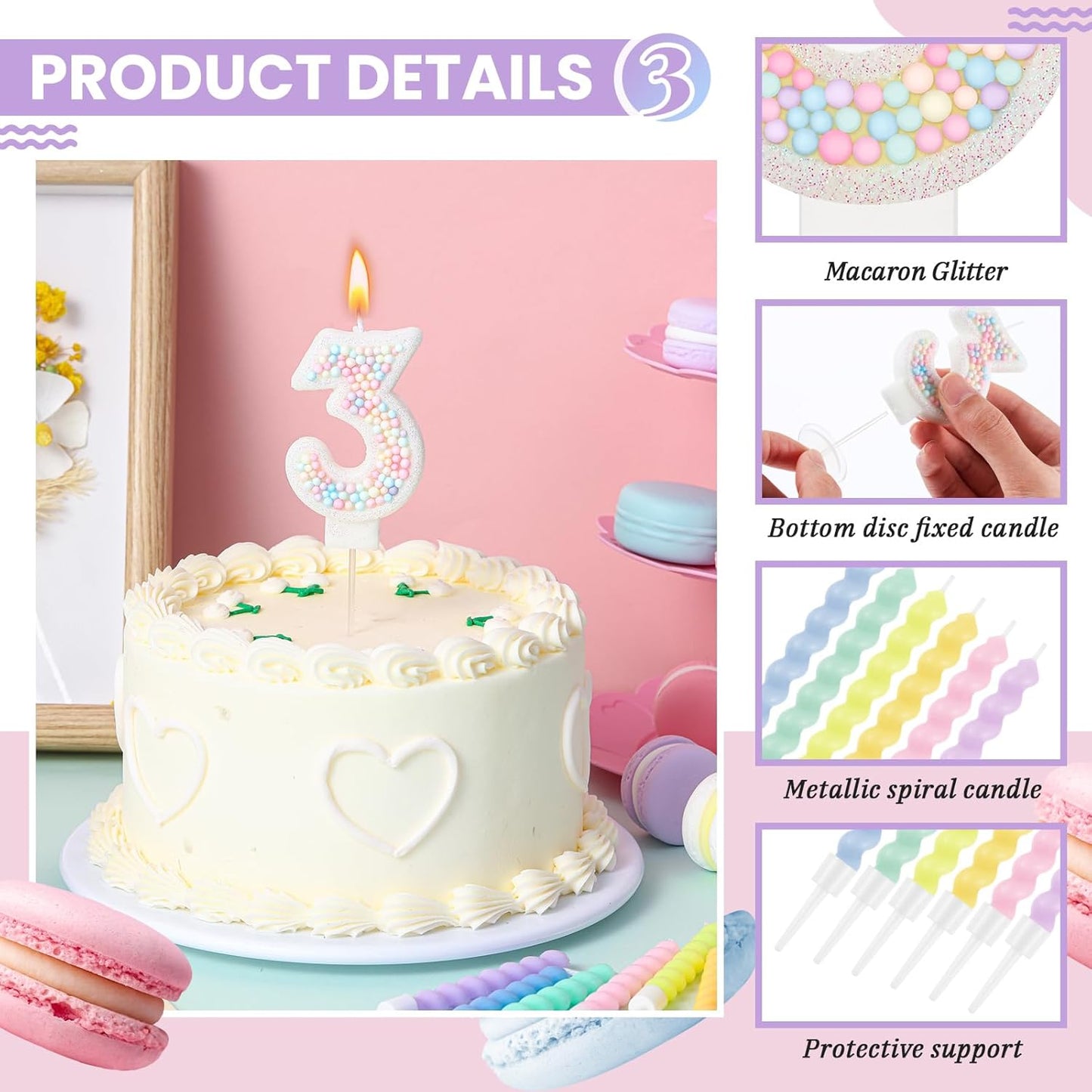 MTLEE Number 3 Birthday Candle with 12 Pcs Spiral Candles for Girls Macaron Pastel Rainbow Unicorn Pink Cake Topper for Sweet Theme Party Decoration