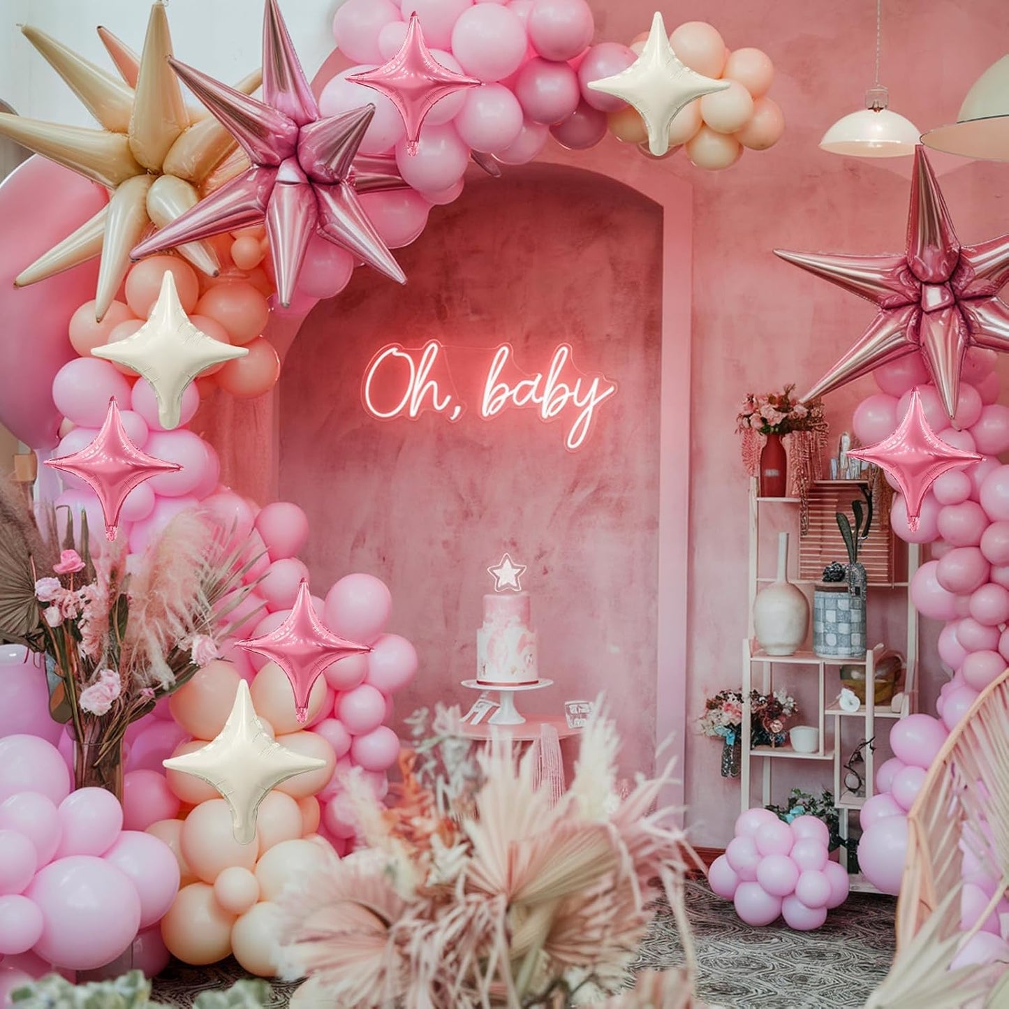 Pink White Star Balloon,Sand White Pink 6Pcs 22Inch Explosion Star Balloons and 10Pcs 10Inch Four Angle Balloons Kit for Birthday Anniversary Baby Shower Wedding Party Decorations