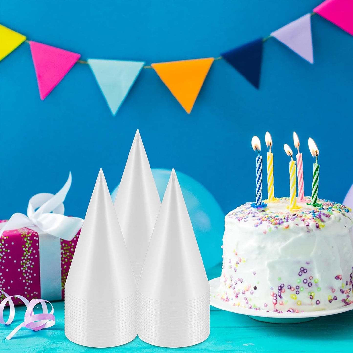24 PCS Party Cone Hats DIY Birthday Paper Cone Hats for Kids and Adults Birthday, Baby Shower, Bridal Shower