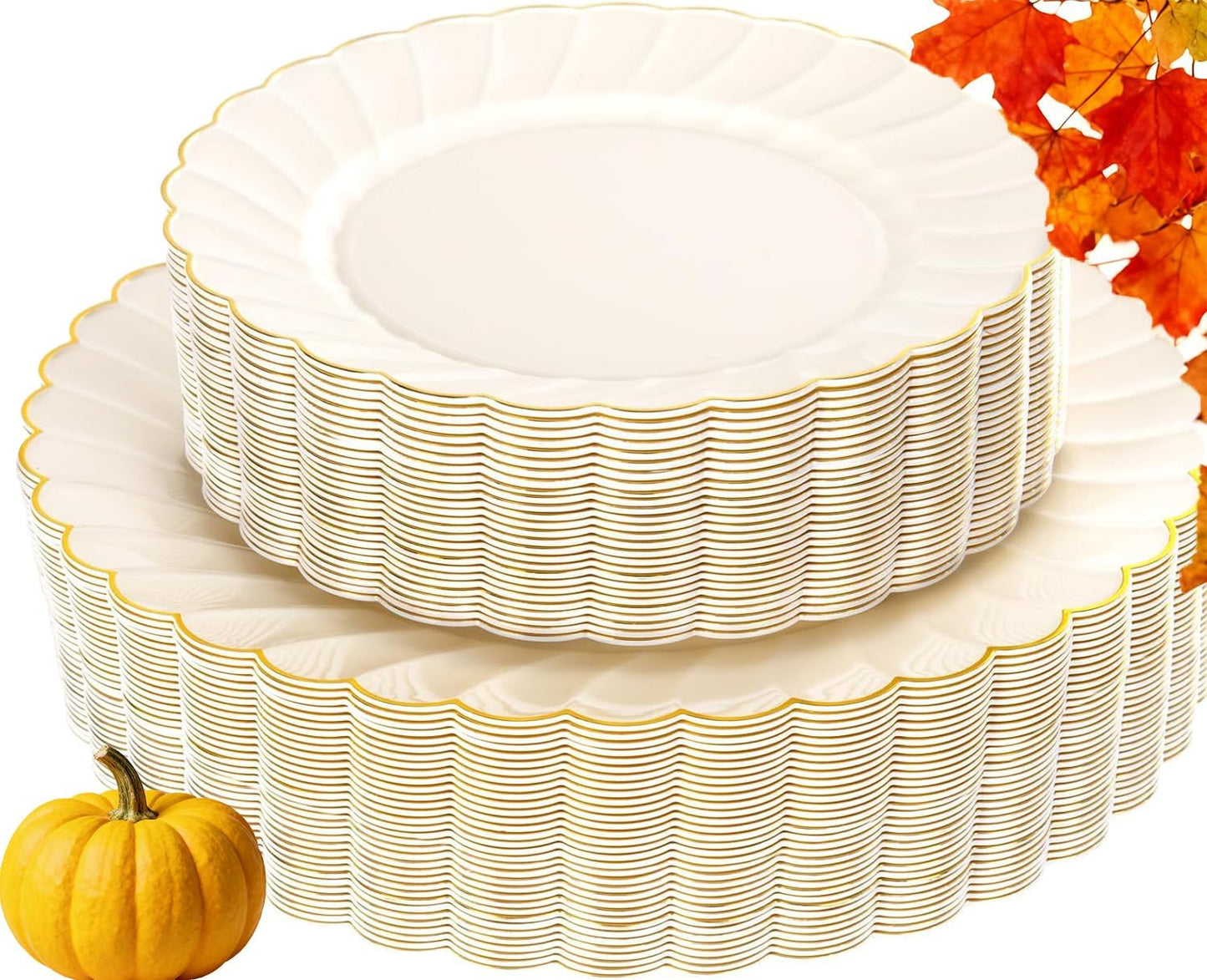 YOUBET 60PCS Ivory Scalloped Plastic Plates - Hard Craem and Gold Fancy Disposable Plates include 30 Gold Dinner Plate, 30 Dessert Plate for Party & Wedding & Thanksgiving
