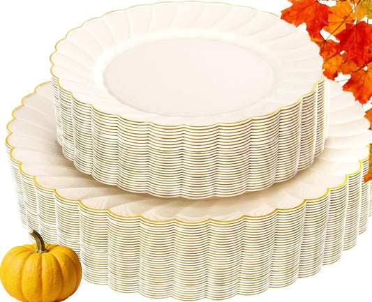 YOUBET 60PCS Ivory Scalloped Plastic Plates - Hard Craem and Gold Fancy Disposable Plates include 30 Gold Dinner Plate, 30 Dessert Plate for Party & Wedding & Thanksgiving