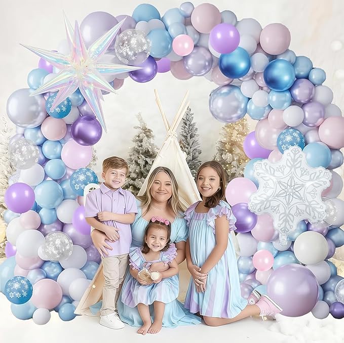 Winter Wonderland Balloon Arch Garland Kit, Snowflake Blue Pink Purple Silver White Balloons Snowflake Star Foil Balloon for Holiday Snow Princess Xmas Christmas Baby Shower Birthday Party Decorations