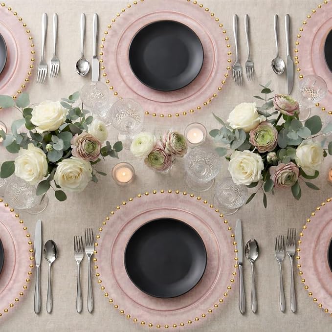 PLASTICPRO Translucent Pink with Gold Rim Plastic Charger Plates with Beaded Edge – Pack of 4 – 13" Elegant Round Disposable Chargers for Weddings, Events, Parties, and Dinners