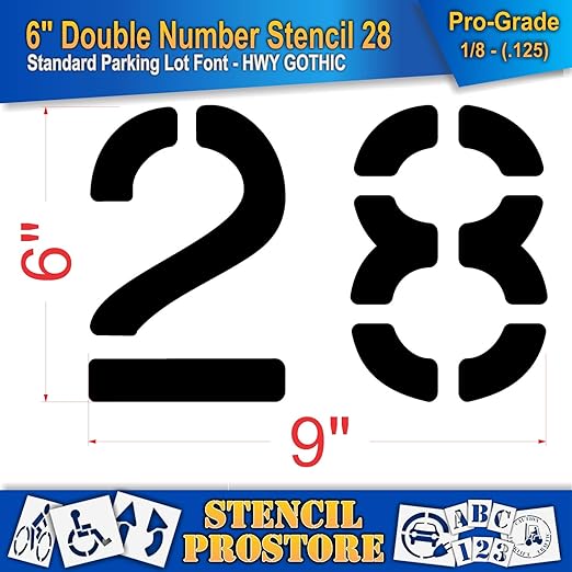 Pavement, Curb, and WheelStop Stencils - 6 inch Double Number Stencil - (28) - 6" x 9" x 1/8" (128 mil) - Pro-Grade