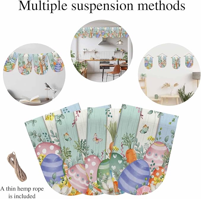 Easter Banner 4Pcs Indoor Outdoor Hanging Banner Flag Spring Rabbit Eucalyptus Leaves Eggs Wooden Sign for Fireplace Mantel Decorative Bunting Garland Valance for Shop Door Mantle Decor 9.8"x15.8"