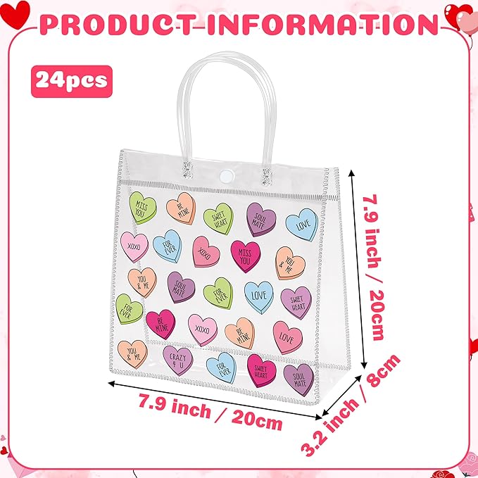H1vojoxo Valentine's Day Gift Bags - 24PCS Valentine's Day Clear Gift Bags with Handle Clear PVC Valentines Party Favor Bag Plastic Valentine Conversation Heart Candy Treat Goodie Bag for Party Supply