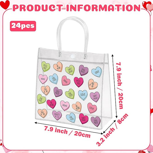H1vojoxo Valentine's Day Gift Bags - 24PCS Valentine's Day Clear Gift Bags with Handle Clear PVC Valentines Party Favor Bag Plastic Valentine Conversation Heart Candy Treat Goodie Bag for Party Supply