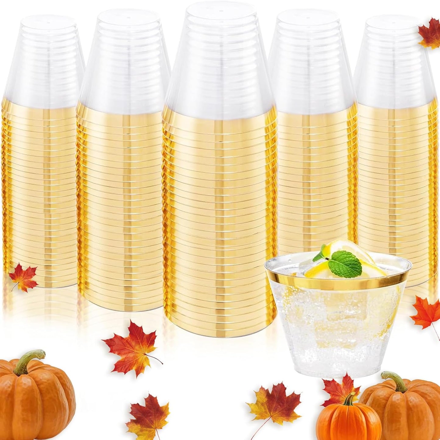 Ciaell 200PCS Gold Plastic Cups - 9Oz Heavy Duty Disposable Clear Plastic Cups with Gold Rim for Wine, Cocktail, Party & Wedding & Thanksgiving