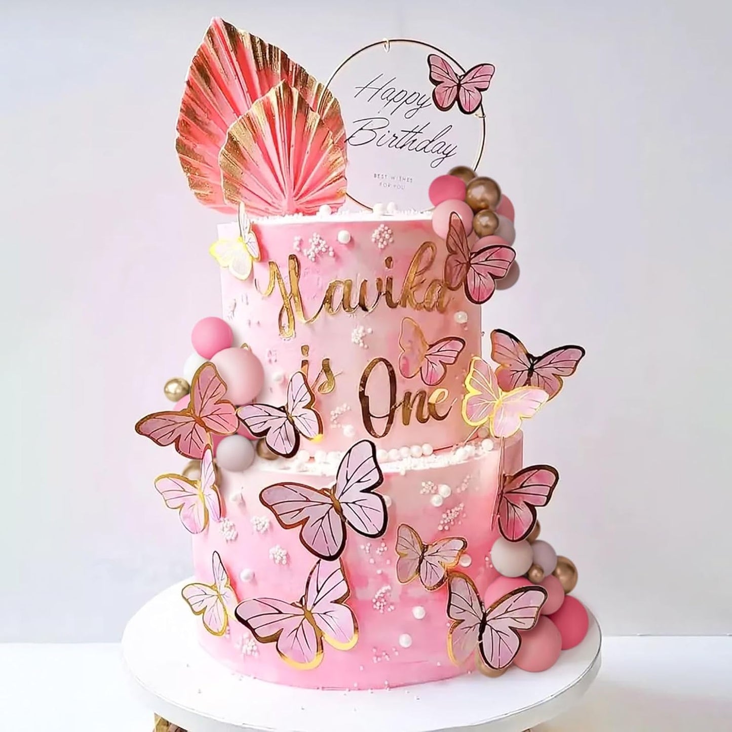 47PCS Pink Butterfly Cake Decorations With Purple Pink Gold Balls Cake Toppers for Baby Shower Wedding Birthday Bridal Shower Party Decor