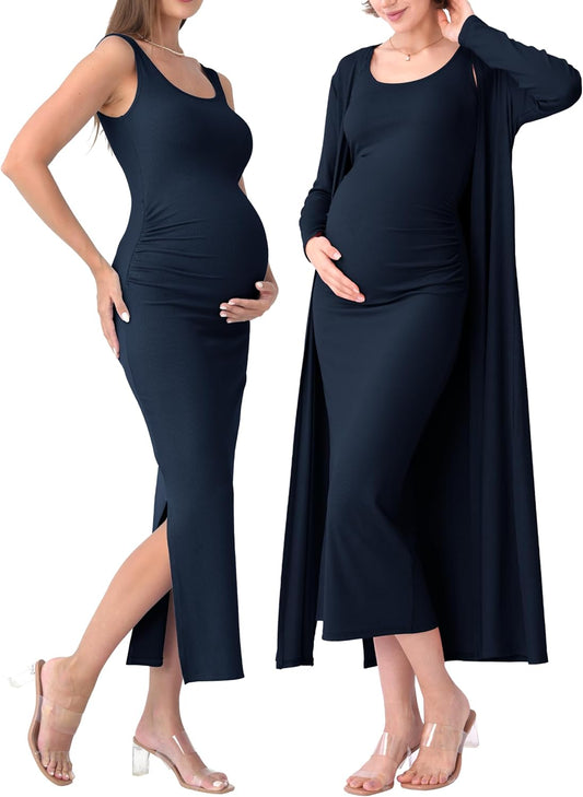 Rnxrbb 2 PCS Fall Winter Maternity Dress Cardigan Set Long Bodycon Maxi Formal Dresses Boho Baby Shower for Women