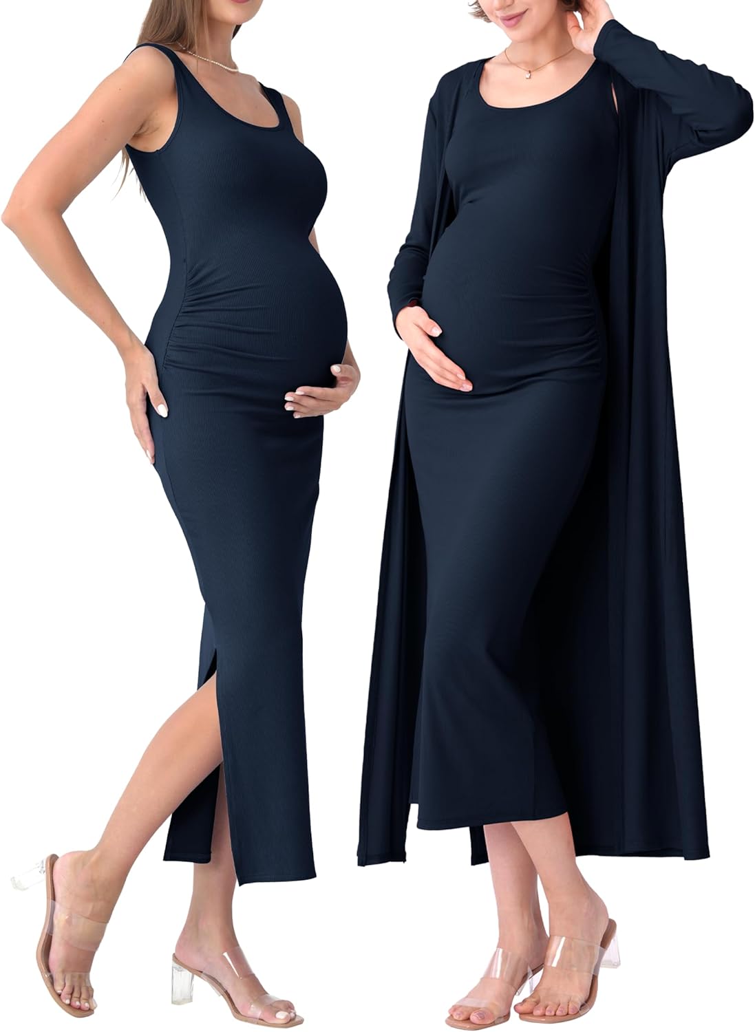 Rnxrbb 2 PCS Fall Winter Maternity Dress Cardigan Set Long Bodycon Maxi Formal Dresses Boho Baby Shower for Women