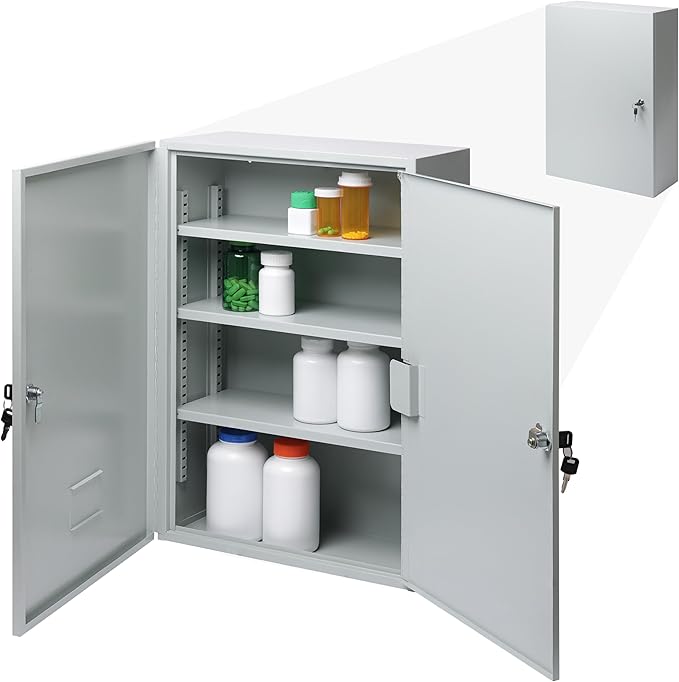 Durabox 2-Door Narcotics Cabinet - Double Door & Dual Key Lock Steel Cabinet for Safe Storage of Medicine, Prescription Drugs, Medical Supplies and More, 16"W x 24"H x 7-3/4"D (Grey, Large)