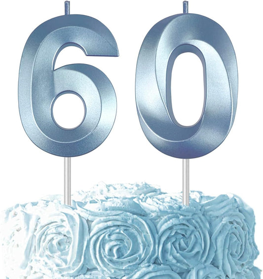 Blue Number 60 Candles, 3D Diamond 2.76 Inch Cake Topper Birthday Candles for Wedding Anniversary Cake Decorations, Happy Birthday Party Decorations