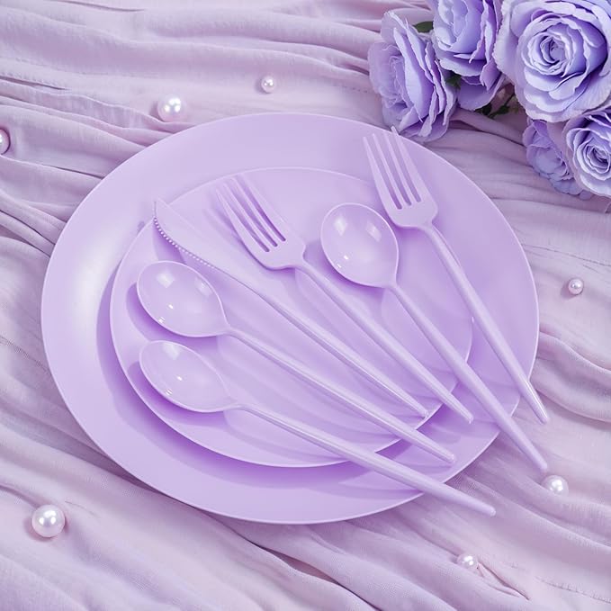 EI 150pcs Purple Plastic Plates for Party,Fancy Disposable Plates,Heavy Duty Plastic Dinnerware Set for Wedding,Easter,Afternoon Tea Party,Spring,Mother's Day,Valentine's Day
