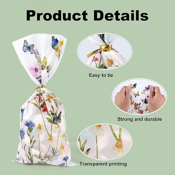Tinoaly 50pcs Wildflower Party Plastic Goodie Bags, Clear Floral Butterfly Candy Cellophane Bags Wildflower Party Favor Decorations for Birthday Baby Shower Snack Cookie Gift Packing