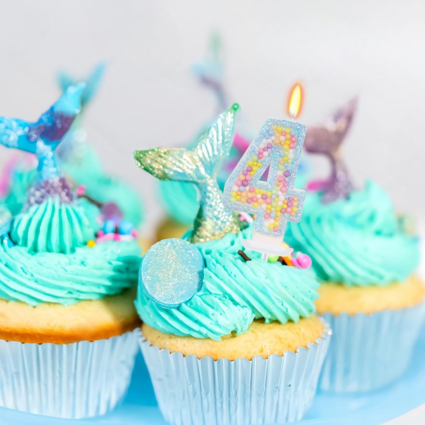 Birthday Candles - Number 4 Candle, Colorful Macaron Candles for Boys/Girls, Blue Cake Decorations, Blue Birthday Decorations