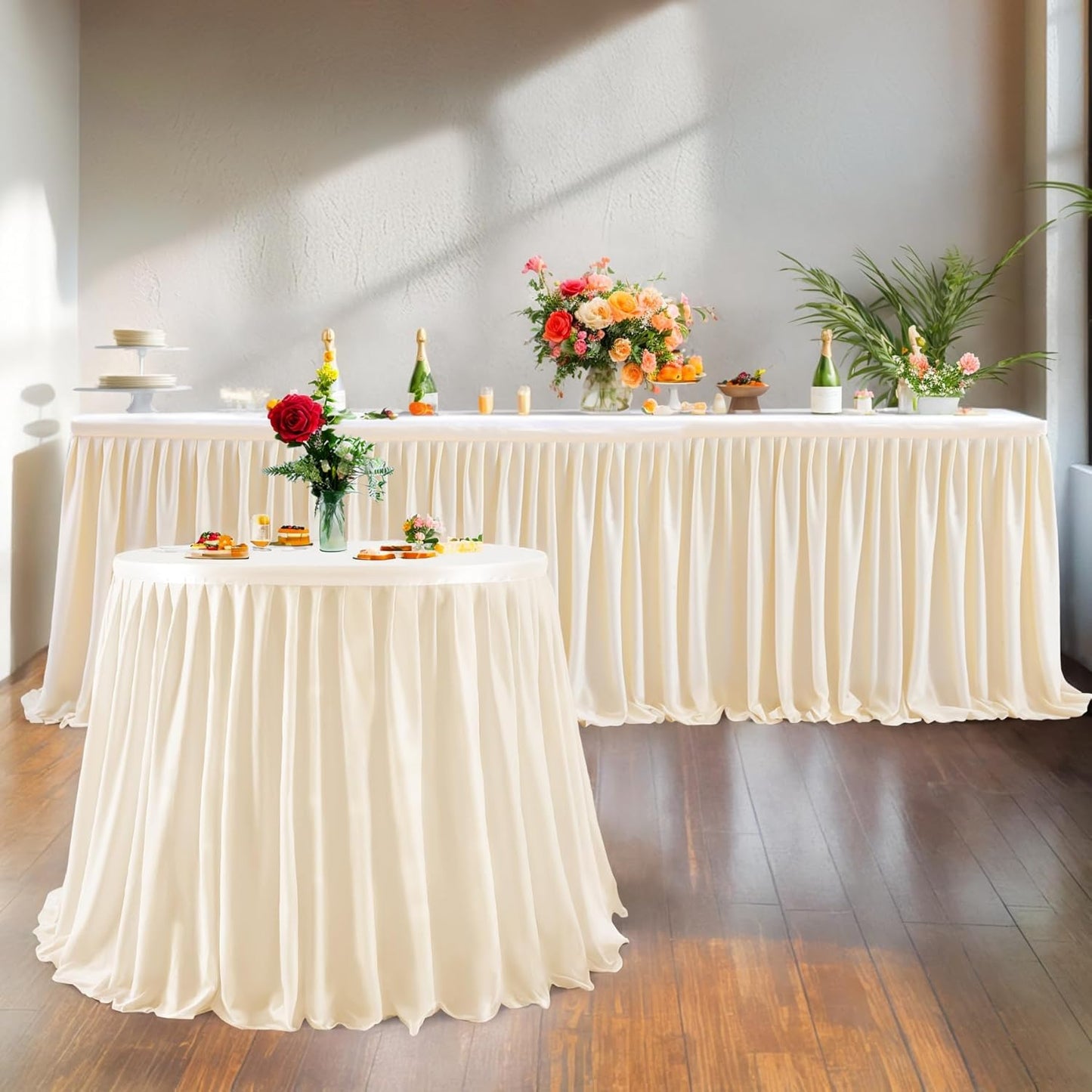 9ft Ivory Table Skirt for Rectangle Tables Polyester Pleated Table Skirt Desk Skirts Ruffle Tablecloth Skirt for Wedding Birthday Party Baby Shower Bridal Shower Banquet Table Decoration