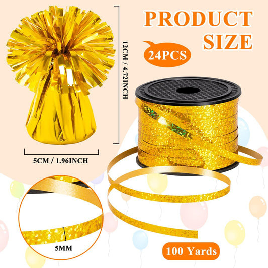 24 PCS Balloon Weights Metallic Anchor, Balloon Holder Heavy Weights with and 1 Roll Iridescent Crimped Ribbon for Balloons Table Party Favor Birthday Decor(Gold)