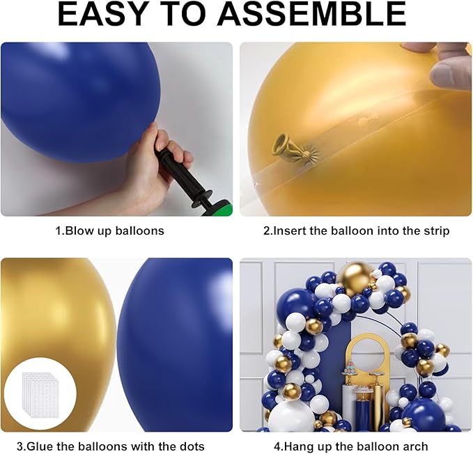 Blue and Gold Balloons Arch Garland Kit, 134pcs Navy Blue Gold White Balloons with Different Size for Graduation, Birthday, Anniversary Party Decorations