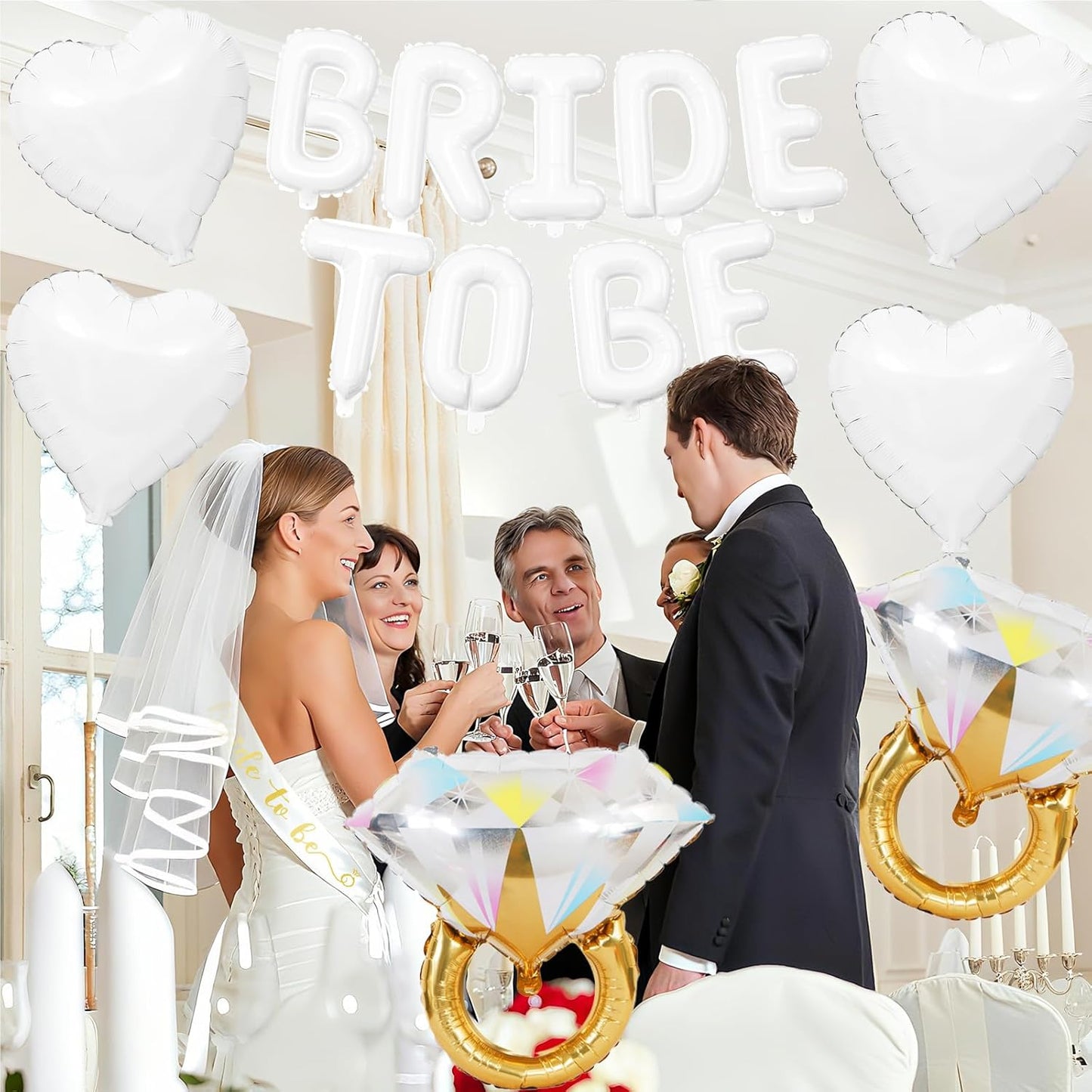 White Bachelorette Party Decorations, White Bride to Be Banner Heart Balloons with Diamond Ring Foil Balloon, Gold Bride to Be Sash&Veil for Bachelorette Engagement Gift Bridal Shower Party Supplies