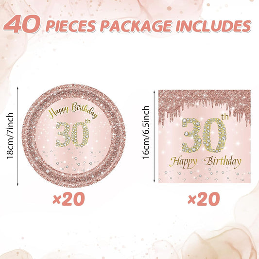 30th Birthday Decorations for Women, Rose Gold Thirty Year Old Party Supplies Include 20 Plates 20 Napkins, Pink 30 Aged Birthday Party Tableware