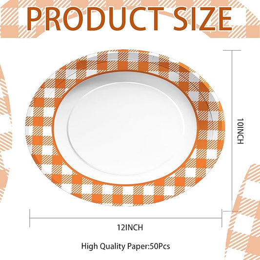 50pcs Fall Gingham Oval Paper Plates 10" x 12" Large Disposable Heavy Duty Orange & White Buffalo Checked Plaid Platters Thanksgiving Dessert Plates for Fall Harvest Themed Party Supplies Table Decor