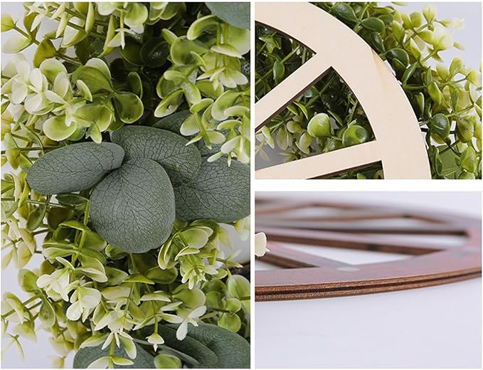 Eucalyptus Leaves Wreath,Wooden Wheel Wreath Artificial Wreath Wheel Garland Door Hanging Spring Summer Green Leaves Wreath with Welcome Sign for Farmhouse Home Indoor Outdoor Decor