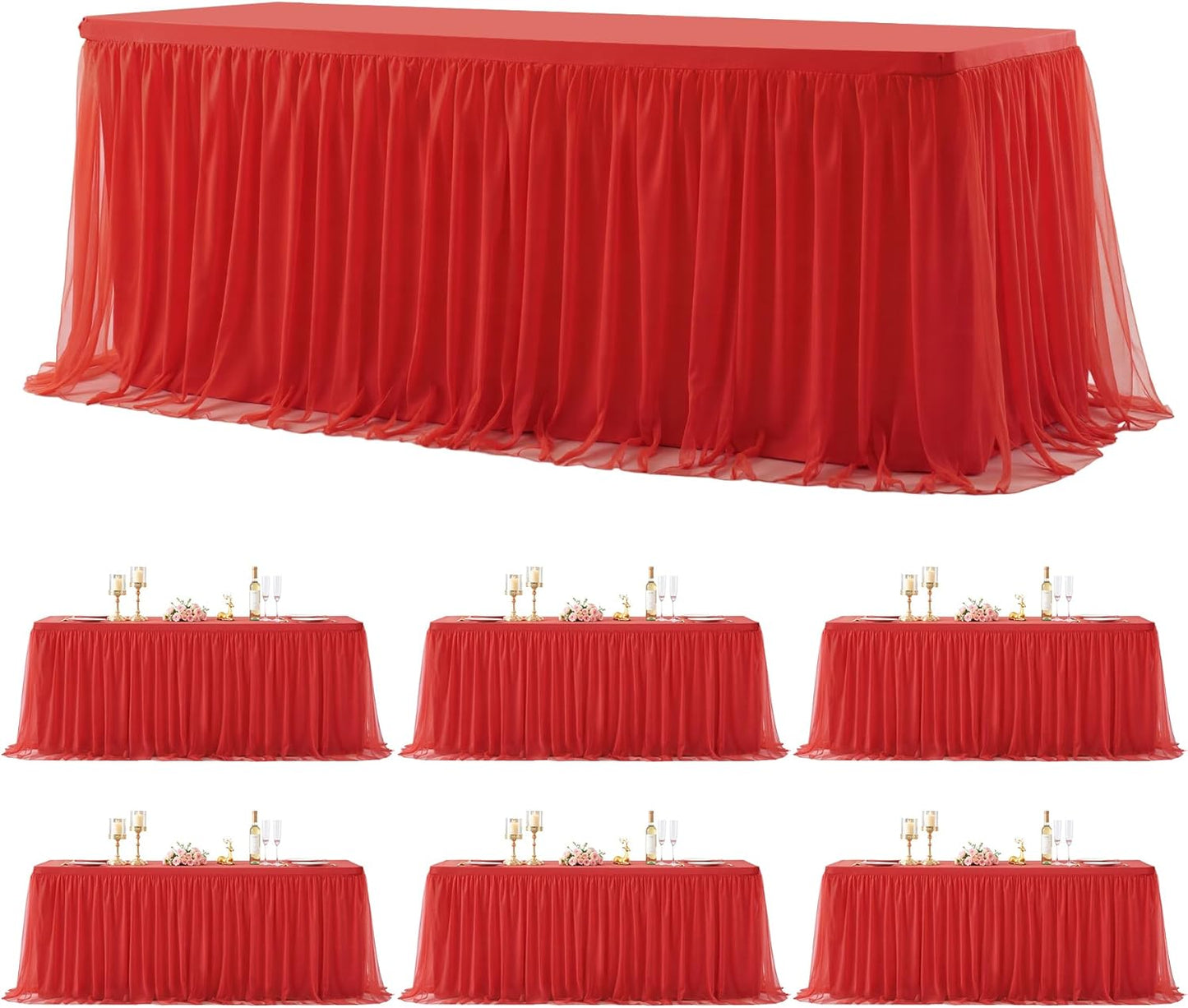 Suppromo 6 Pack 8ft Red Tulle Tablecloths for Rectangle Tables 8 Foot Red Rectangular Table Cloth Wrinkle Free Tablecover with Tutu Skirt for Baby Shower Wedding Birthday Party Banquet Buffet Cake