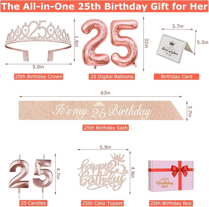 25th Birthday Decorations for Women Include 25th Birthday Sash and Tiara, Cake Topper and Candles, Number Balloons, Greeting Card, 25 Year Old Gifts for Women