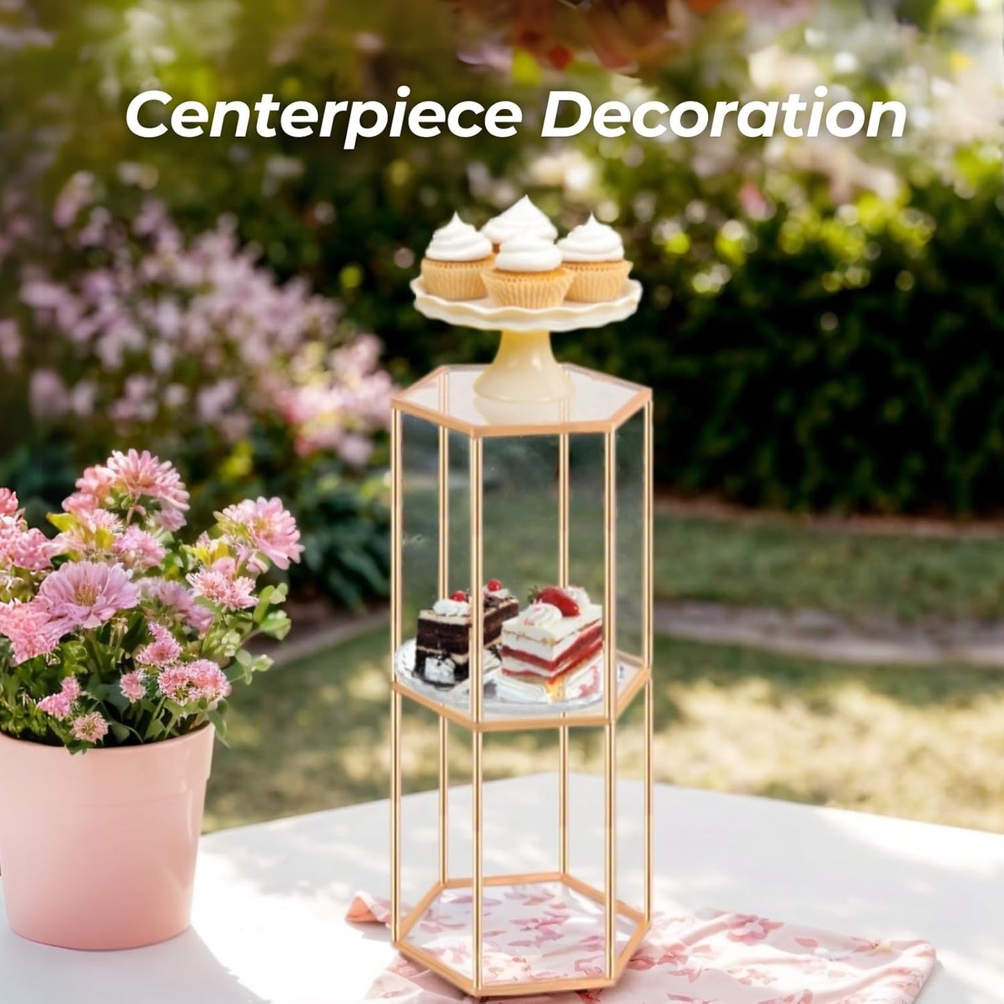 3PCS 2 Tier Hexagon Gold Cake Stand for Party, Tall Metal Pedestal Stands for Display Decoration, Flower, Plant, Birthday, Wedding, Baby Shower, Bridal Shower, Cylinder Column for Desserts