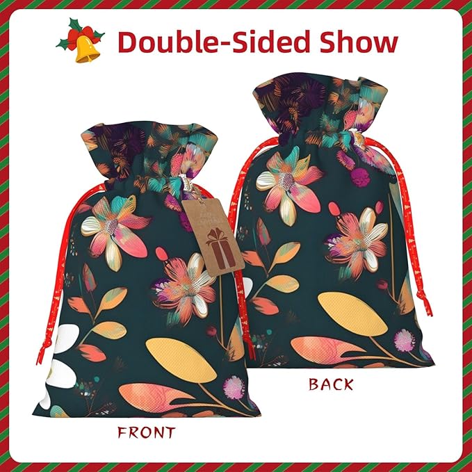 Colorful Boho Floral Printing Christmas Drawstring Gift Bags With Holiday Present Xmas Party Favors Fillers Sacks