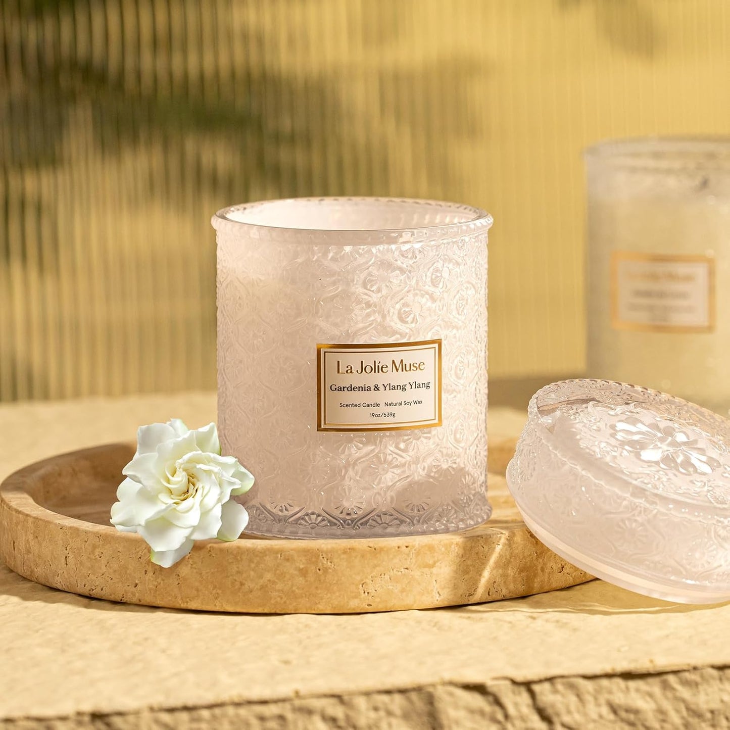 LA JOLIE MUSE Gardenia & Ylang Ylang Scented Candle – Ylang, Tuberose, Orange Blossom |19 oz Large Wooden Wick Candle | Natural Soy Wax | 90 Hours Clean Burn | Gift-Ready for Hosts