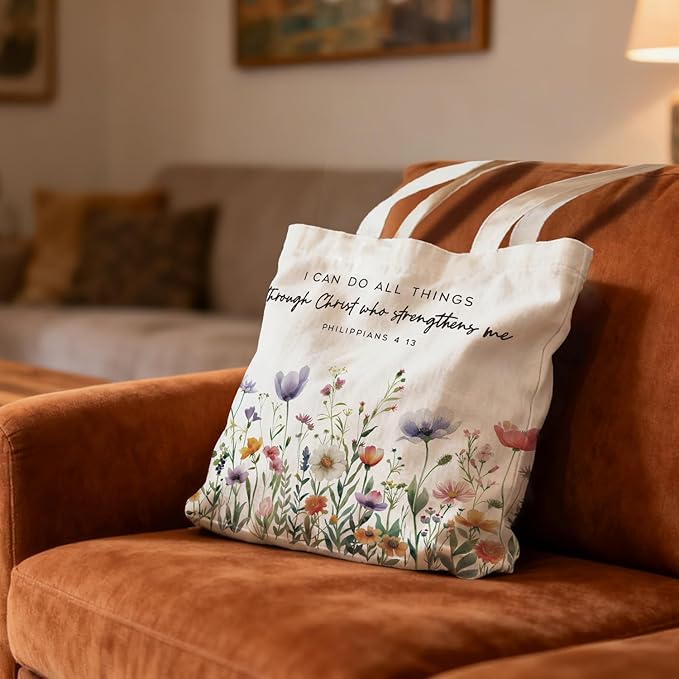 Preppy Floral Aesthetic Tote Bag for Women,Printed Canvas Tote Bag for Girls,Christian Gifts for Women Faith,Watercolour Aesthetic Reusable Shopping Grocery Bags Party Favors
